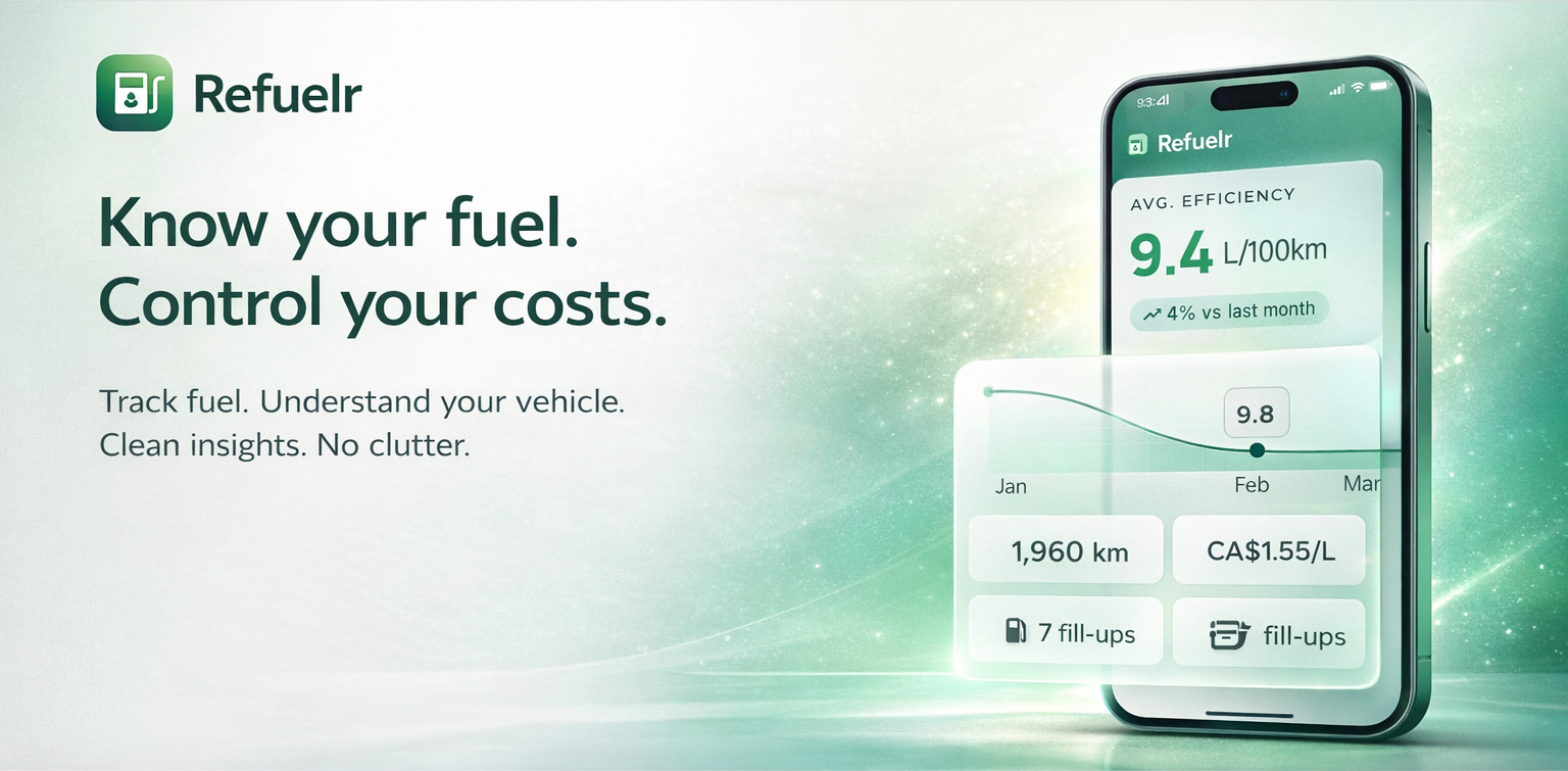 Refuelr dashboard showing average fuel efficiency, total distance, fuel cost, and recent fill-ups